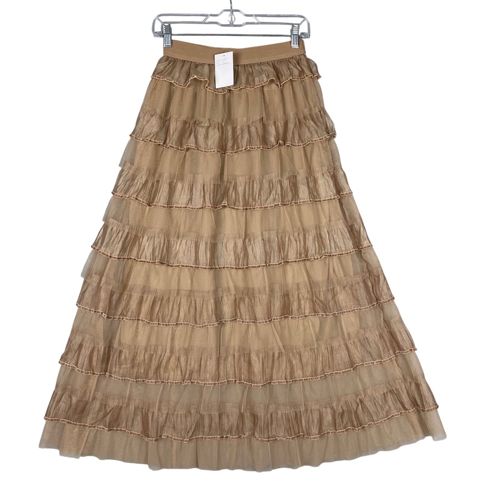 Studio West Tiered Ruffle Tulle Velvet Trim Maxi Skirt Womens S Champagne NEW - Picture 1 of 9